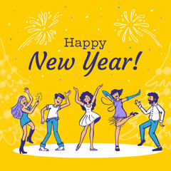 New year banner with happy business people dancing at corporate christmas party with confetti and christmas tree and text on yellow background