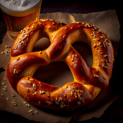 Freshly baked homemade soft pretzel with salt on dark background and beer, close-up, Octoberfest. German traditional food.