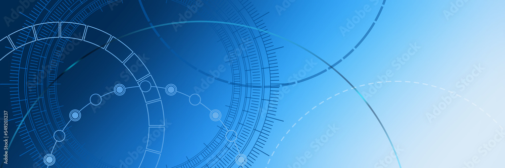 Poster abstract blue gradient illustration with overlapping circles, dots and dashed circles. science and c