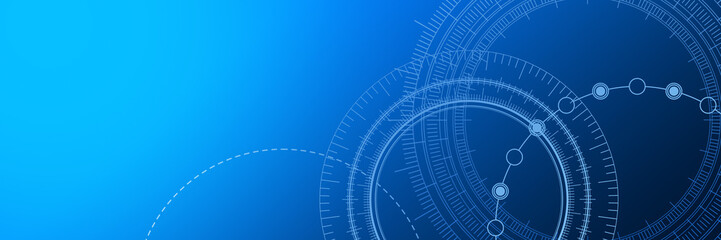 Abstract blue gradient  illustration with overlapping circles, dots and dashed circles. Science and connection concept. Wide molecule structure background