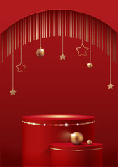 Red Podium with Golden Ring Frame and Pearls on Red Background with Snow. Christmas Sale Template. Vertical Banner. Vector Illustration.