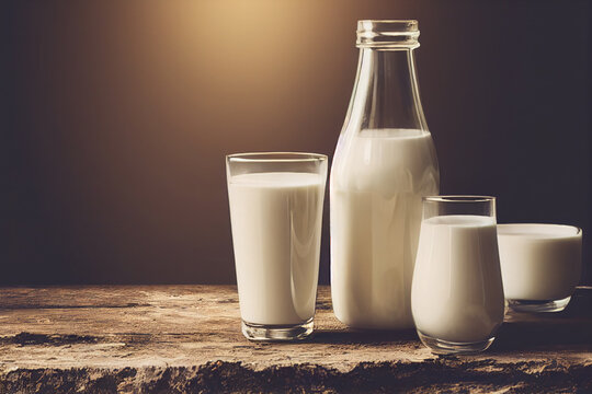 Bottled milk and glasses of milk on wooden table against studio background