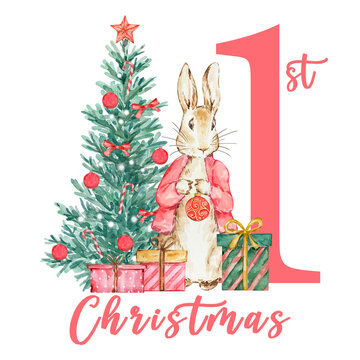 Watercolor Peter Rabbit First Christmas with a decorated Christmas tree and gifts