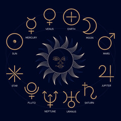 Solar system zodiac horoscope astrological thin line label linear design esoteric stylized elements symbols signs. Vector illustration icons