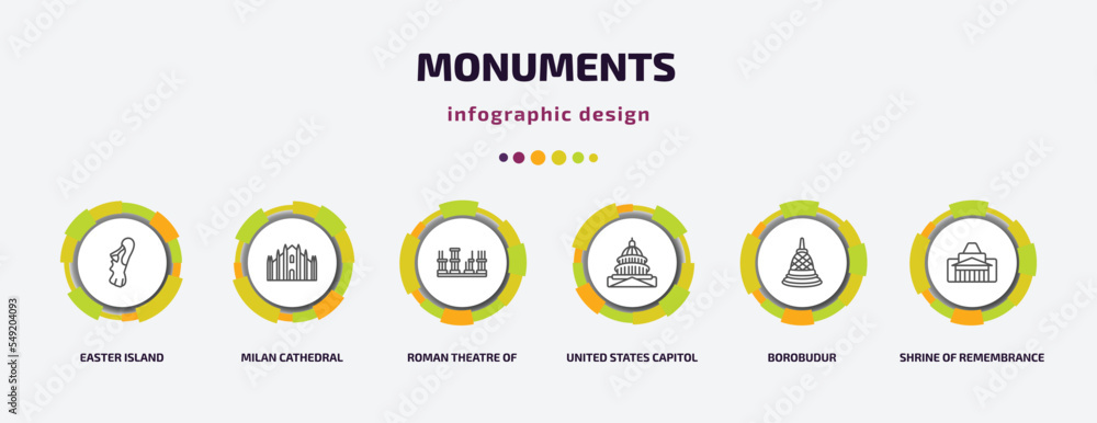 Poster monuments infographic template with icons and 6 step or option. monuments icons such as easter islan