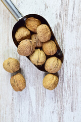 Zenith view and close up, walnut, full of properties, source of proteins, very healthy. Vertical shot and copy space.