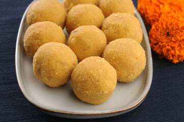 Besan ladoo, an Indian sweet dish made during festivals or celebrations like weddings