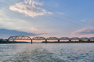 Komsomolsky railway bridge over Ob river in Novosibirsk, Russia.