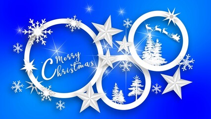 Christmas greeting card in white design - lettering Merry Christmas , ice stars, snowflakes, trees, reindeers and sleigh on blue background - 3D Illustration