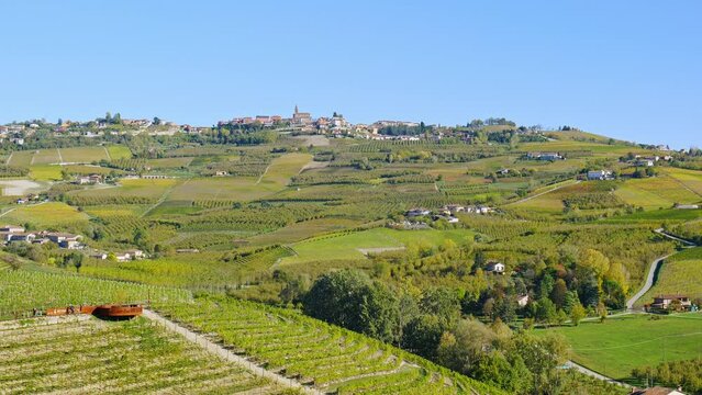 Grinzane Cavour, Italy. View of the landscape of the vineyards between Diano D'Alba and Grinzane Cavour on an autumn day in November. 2022-11-05.