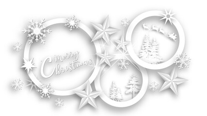 Christmas greeting card in white design - lettering Merry Christmas , ice stars, snowflakes, trees, reindeers and sleigh on white background - 3D Illustration