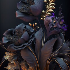 Illustration of beautiful dark abstract exotic flowers. Luxurious dark ink flowers and patterns. Generative AI