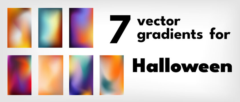 A set of seven gradients for Halloween, orange-blue-purple. Complex gradient of different colors, horizontal image. Vector gradient of suitable colors, suitable for the Internet and printing