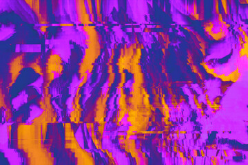 Abstract purple pink orange psychedelic wavy background interlaced digital Distorted Motion glitch effect. Futuristic striped cyberpunk design Retro webpunk, rave 90s aesthetic, 70s groovy techno neon