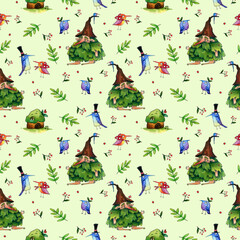 seamless watercolor pattern with fabulous gnomes, forest houses, birds and green leaves on a colored background.