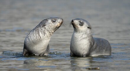 2 junge h&uuml;bsche antarktische Seeb&auml;ren / antarktische Pelzrobben Babys (Arctocephalus gazella) spielen Zusammen in S&uuml;dgeorgien in ihrer nat&uuml;rlichen Umgebung im Wasser