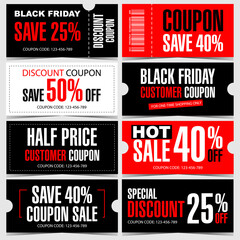 Sale set of coupons, vouchers and certificates for discount special offer, hot sale shopping, Black Friday, holiday price discount promotion and marketing, gift card to save money. Ready to print.