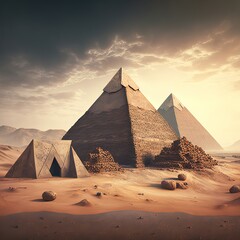 Mysterious pyramids of Egypt, ancient civilization, mystical landscape with sand and sun. Generative AI