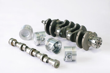 Crankshaft with sprocket assembly, camshaft and pistons assembly. A set of spare parts for an...