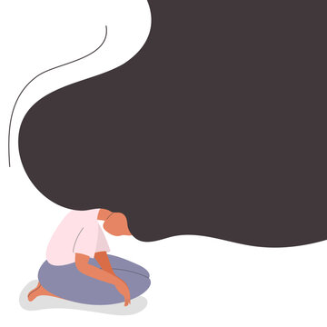 recommend clip art: Sad lonely depressed woman with flying hair. A young unhappy girl sits with her hands down. Colorful vector illustration in flat cartoon style.