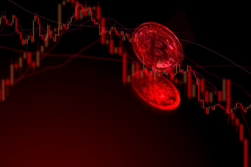 Bitcoin price crash with a red candlestick chart background