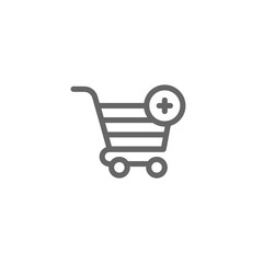 Shopping cart with plus cross sign. Add or plus purchase simple icon isolated on white background. Store trolley with wheels. Flat vector Illustration. Good for web and mobile design.