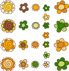 Set of vector flowers of different sizes for creating decor. Orange, brown and green shades. Isolated images on transparent background.