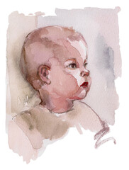 Watercolor illustration portrait of a small child in profile. Cute baby postcard. Aqua texture