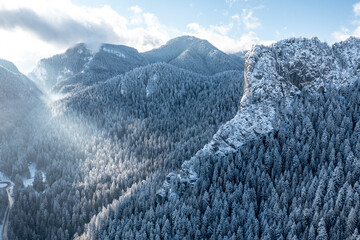 Carpathian, Romania, 2021-12-28. Romanian mountain illuminated by the sun with conifers under the snow.