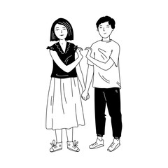 Black line art character illustration. Stylish girl and boy in love and make a heart gesture with their hands