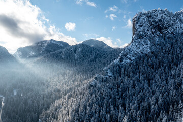 Carpathian, Romania, 2021-12-28. Romanian mountain illuminated by the sun with conifers under the snow.