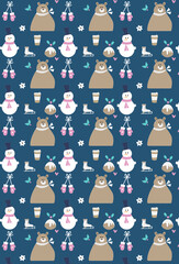 Christmas pattern with bears, snowman and puding on dark blue background.Beautiful christmas doodles seamless pattern