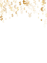 Euro dollar pound yen gold icons scatter currency vector background. Economy backdrop. Currency