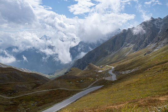 road to the Colle dell Agnello or Col Agnel mountain pass in the Alps located on the border between Italy and France