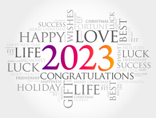 Fototapeta premium 2023 year greeting word cloud collage, Happy New Year celebration greeting card