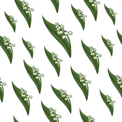 seamless pattern drawn lily of the valley flower with green leaves. cartoon sketch on a white background