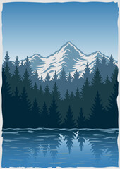 Vector vintage poster with mountain landscape and lake