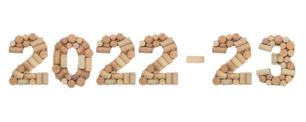 New year 2022 and 23 numbers made of wine corks isolated on white