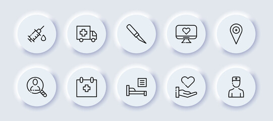 Medical aid set icon. Syringe, injection, ambulance, scalpel, heart, cardiogram, cardiology, location pointer, cross, doctor, patient, prescription, calendar, bed. Healthcare concept. Neomorphism.