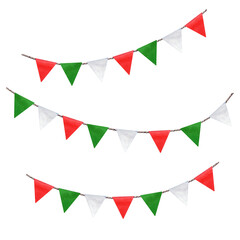 Obraz premium Cute, colorful garland with decorative holiday flags. Green, white and red. Italian flag. Watercolor illustration isolation on transparent.