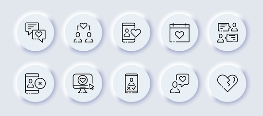 Dating app set icon. Heart, love, feelings, texting, couple, date, phone, message, website, cross, computer, approve, reject, tick, broken. Relationships concept. Neomorphism style. Vector line icon