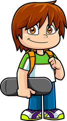 Smiling School Boy Cartoon Character With Backpack Standing And Hold A Skateboard. Hand Drawn Illustration Isolated On Transparent Background