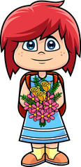 Cute School Girl Cartoon Character With Backpack Carrying A Bouquet Of Flowers. Hand Drawn Illustration Isolated On Transparent Background