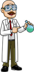 Scientist Teacher Cartoon Character With A Flask Speaks And Shows. Hand Drawn Illustration Isolated On Transparent Background