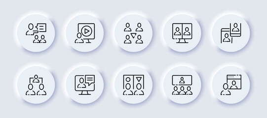 Working communication set icon. Director, manager, distribute tasks, subordinates, hierarchy, teamwork, online conference, phone computer, presentation. Bsuiness concept. Neomorphism. Vector line icon