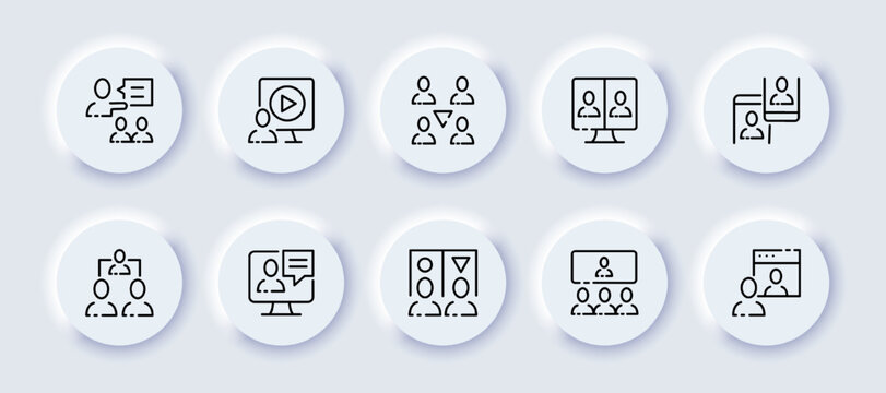 Working Communication Set Icon. Director, Manager, Distribute Tasks, Subordinates, Hierarchy, Teamwork, Online Conference, Phone Computer, Presentation. Bsuiness Concept. Neomorphism. Vector Line Icon