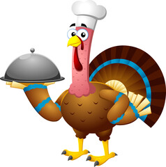 Turkey Chef Cartoon Character Serving Food In A Sliver Platter. Hand Drawn Illustration Isolated On Transparent Background