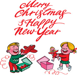 Merry Christmas and Happy New Year. Happy children take their Christmas gifts out of the boxes. Image for greeting card.
