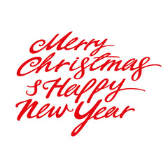 Merry Christmas and Happy New Year. Red festive inscription, lettering. Image for holiday greeting card.