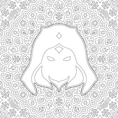 Line art for coloring book with wizard head shape